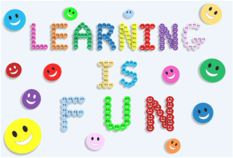 Picture of smiley faces and buttons that spell out learning is fun.